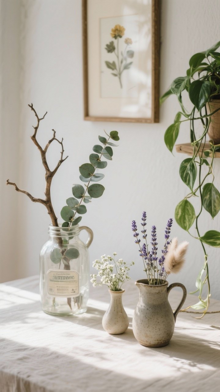 Closeup tabletop scene of botanicals: a clear old jar with grocery-store eucalyptus stems, a stoneware jug holding a single sculptural branch, a small ceramic bud vase with baby’s breath; dried lavender and bunny tails arranged in a vintage pitcher; a trailing pothos in the background and a framed pressed flower on the wall; natural morning light, soft shadows, fresh cottagecore feel.