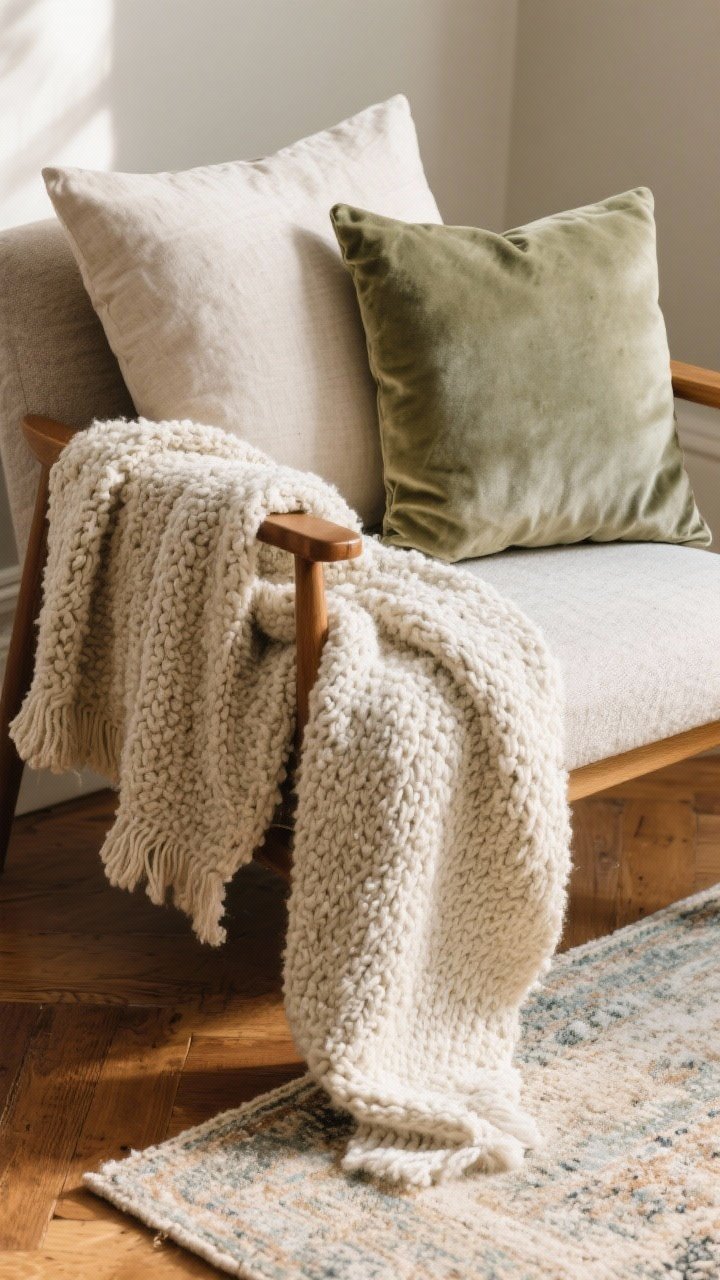 Closeup texture study: a nubby knit throw blanket draped over a chair arm, next to two pillows—one supportive lumbar in linen and one plush square in velvet—resting atop the corner of a small 3x5 vintage low-pile rug on warm wood floors. Textures include bouclé, linen, and velvet in a limited palette of three tones (e.g., cream, soft taupe, and muted sage). Soft morning light rakes across the fabrics to reveal weave and pile. Photorealistic, no people.