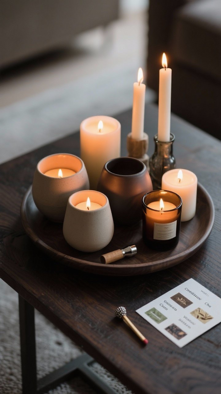Closeup tray styling on a coffee table: a cluster of candles in natural vessels—matte ceramic and smoked glass—mixing LED tapers with real votives at varying heights; a match striker and snuffer nearby; labeled notes evoke cedar, sandalwood, chai, vanilla bean, and smoked amber scent families; warm, flickering ambiance against a dark wood surface; shallow depth of field.