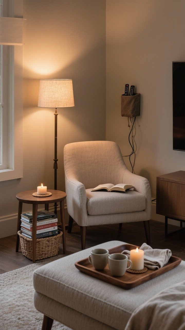 Closeup vignette: cozy ritual micro-zones—an intimate reading nook with a comfy chair, linen-shaded floor lamp, and a small side table holding a coaster and a neatly stacked basket of current reads; adjacent tea tray station on the ottoman with a wooden tray, two mugs, a candle, and a folded linen napkin; media calm-down details in the background: fabric remote caddy and concealed cords via a cable box; subtle signature scent implied by the candle; warm, dimmed lighting; tight composition with varied heights and intentional negative space.