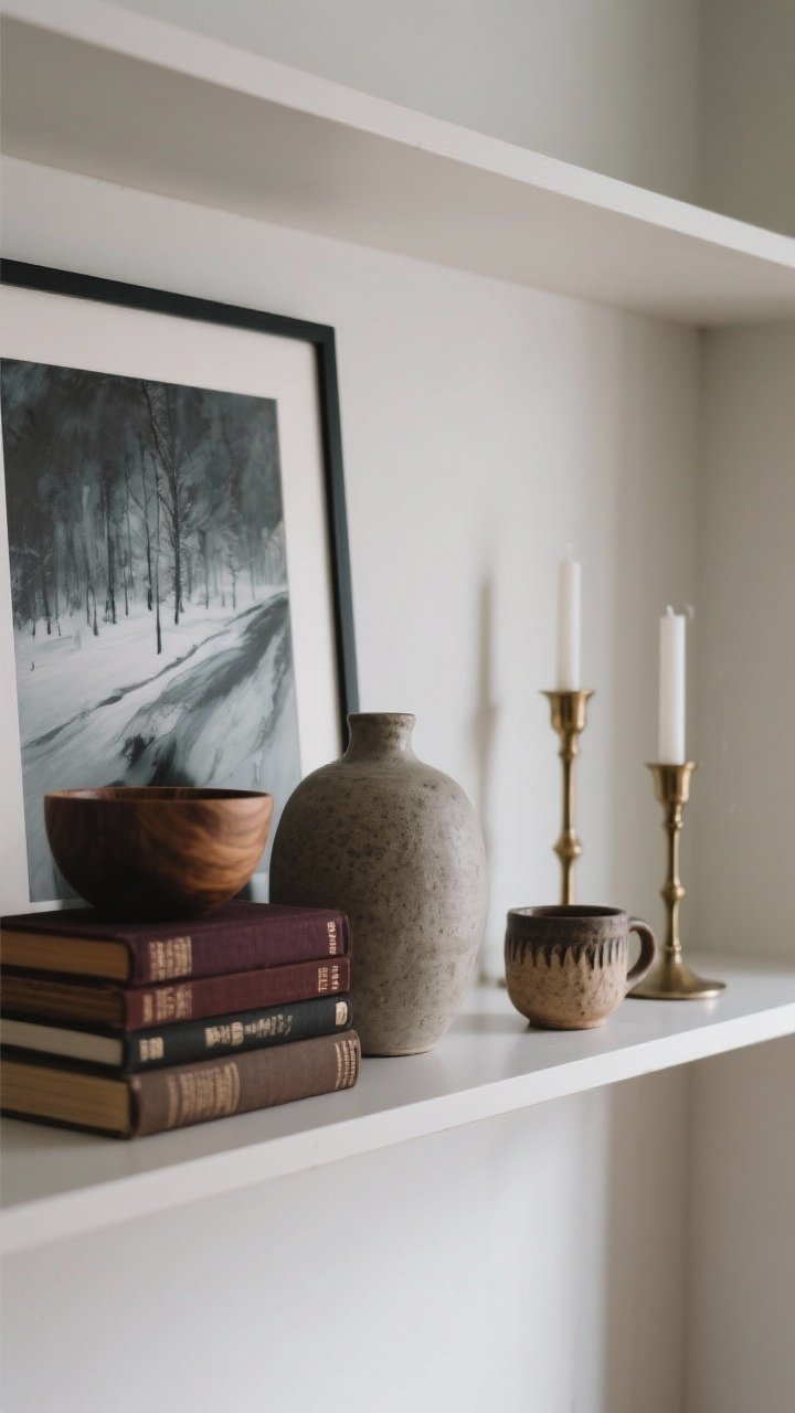 Closeup vignette of a styled shelf: moody winter art print with smoky abstract tones, a stack of deep-hued hardcovers for height, and tactile objects—stoneware vase, wood bowl, brass candlesticks, and a handmade-look ceramic mug; arranged in groups of three with varied heights and deliberate negative space, soft side light, photorealistic.