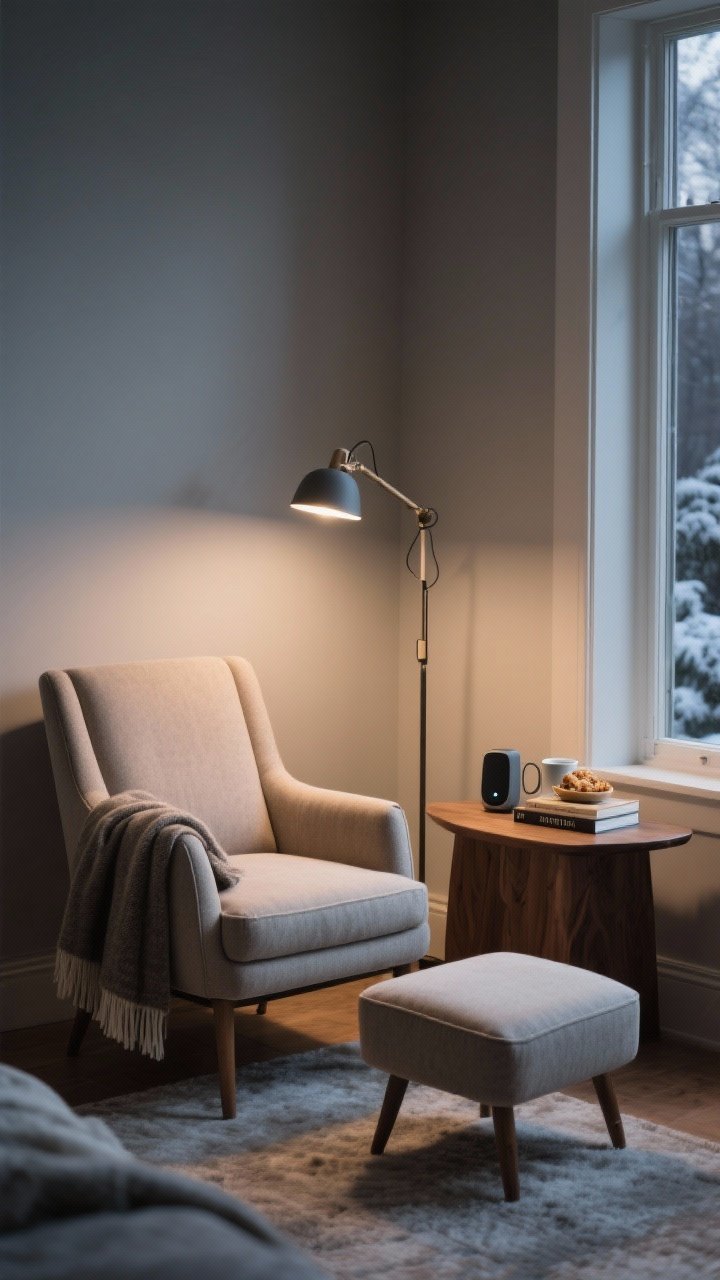 Corner-angle medium shot of a cozy reading nook: an upholstered lounge chair with a matching ottoman (feet up), a swing-arm floor lamp providing focused reading light, and a wood side table sized for a mug, book, and snack; a heavy throw draped over the chair arm, a small Bluetooth speaker on the table, muted winter tones, evening warmth, photorealistic.
