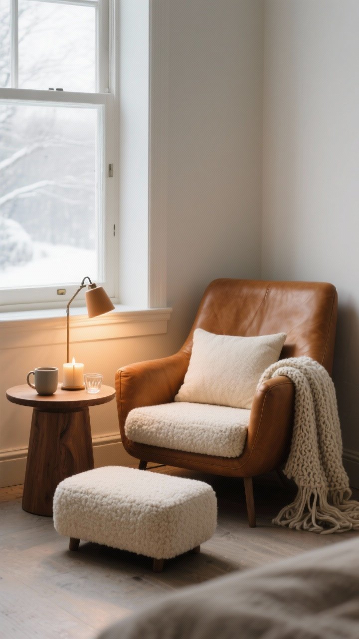 Corner angle medium shot of a hygge reading nook: deep cushy armchair in caramel leather or cream bouclé, small round wooden side table holding a mug, candle, and glasses, a focused warm task lamp casting a pool of light, a knitted throw over the arm, a small lumbar pillow, and a soft footrest; placed by a window with diffused winter daylight for cozy ambience.