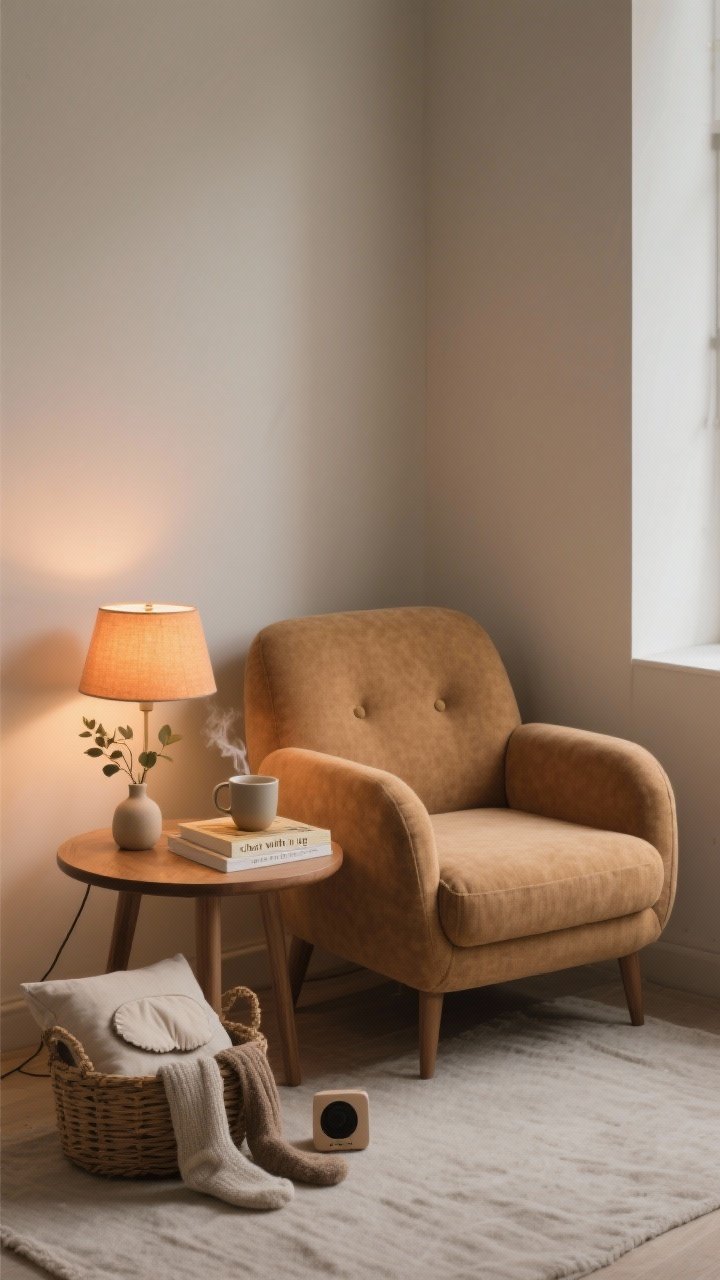 Corner angle medium shot of a personal hygge nook: a “chair with a hug” featuring rounded arms and a deep seat in a warm mushroom fabric; a small round wooden side table holding a steaming tea mug, a hardcover book, and a tiny vase with leafy stems; a warm 2700K table lamp casting an amber glow; a woven basket on the floor with cozy socks and a linen eye pillow; optional small speaker on the table for lo-fi vibes; soft neutral palette with linen textures and a low, calm mood; photorealistic.