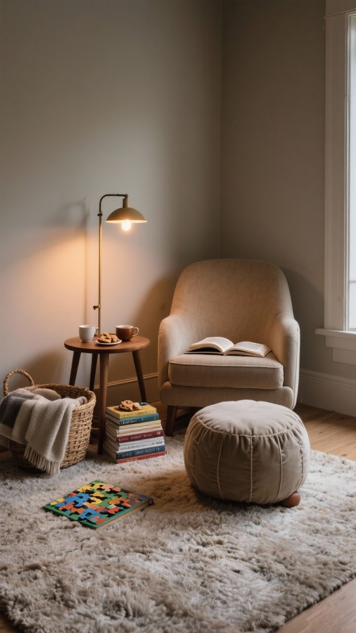 Corner-angle medium shot of a reading nook: supportive upholstered chair with a pouf for feet, a warm-bulb floor lamp, a wooden side table holding tea and cookies, a basket of blankets, and a small stack of books and puzzles; a soft textured rug grounds the space; cozy, low light with a calm, inviting mood