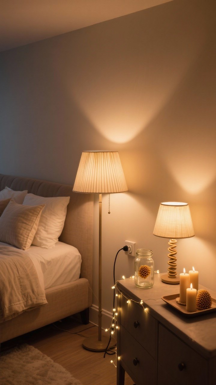 Corner-angle medium shot showing soft, layered lighting: two bedside lamps with pleated fabric shades using warm 2700K bulbs, a shaded floor lamp casting ambient glow, and a tiny table lamp on a dresser as accent light; fairy lights coiled in a glass jar; plug-in dimmer visible on a cord; beeswax tapers on a tray (unlit) for safety; walls in warm cream, overall cozy evening mood, photorealistic.