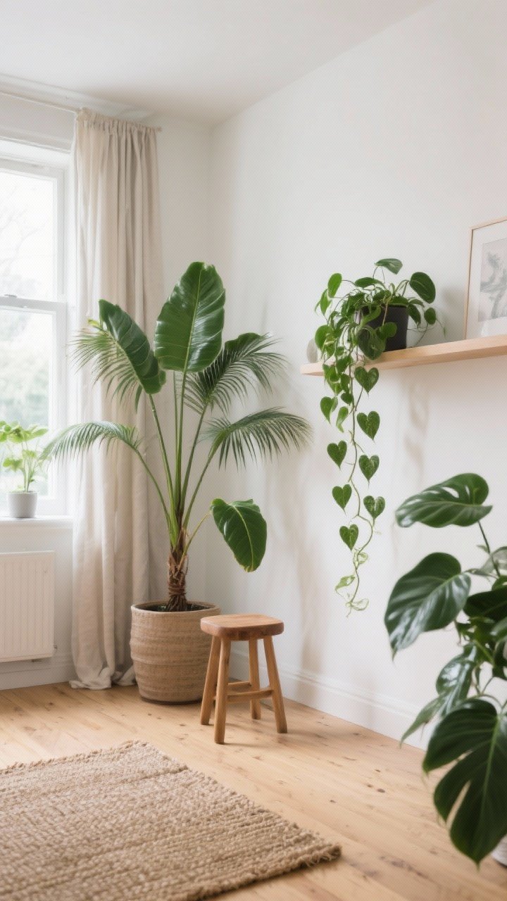 Corner wide shot layering plant heights for depth: a tall rubber plant near a bright window as anchor, a parlor palm at mid-height on a small wooden stool, and a trailing heartleaf philodendron on a floating shelf above; grouped in an odd-number arrangement, light oak floors, linen curtains diffusing bright indirect light, clean Scandinavian styling with a jute rug adding warmth, photorealistic.