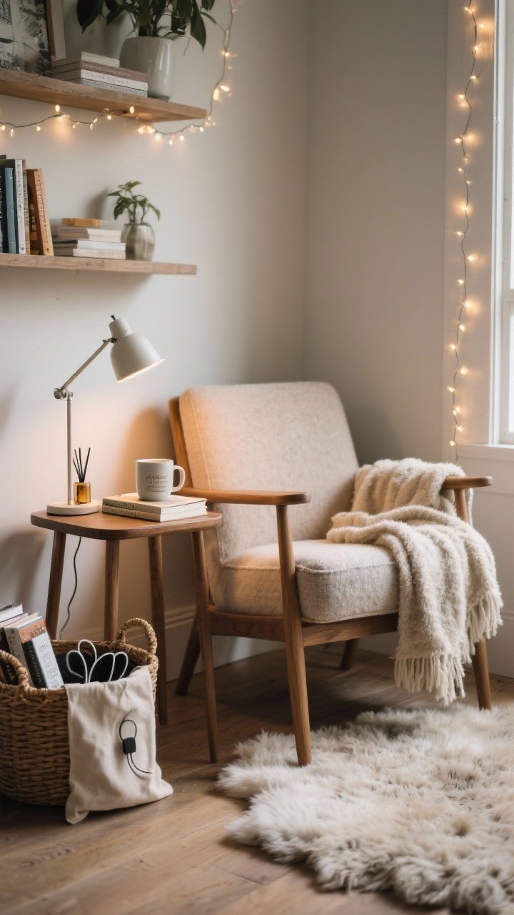 Cozy corner closeup: a comfy reading chair with a plush throw, a small side table holding a mug and a book, and a task lamp providing focused glow. Twinkle lights drape subtly along a nearby shelf. A soft rug or sheepskin underfoot. Include a basket with current reads, a linen pouch for chargers, and a small scent diffuser. Quiet, photoreal sanctuary.