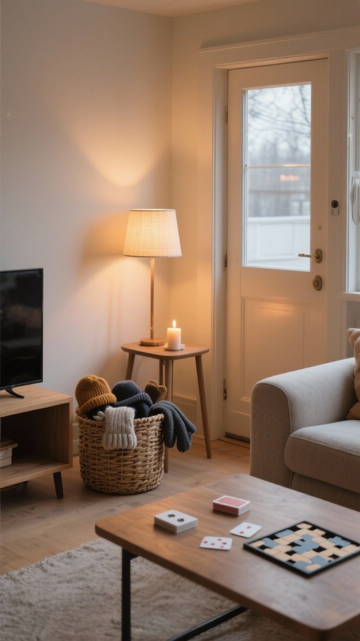 Cozy living room corner medium shot capturing calm soundscape and rituals: a small side table with a lit candle for evening candle hour, a woven basket by the door filled with wool hats and gloves, a coffee table with a simple puzzle and a deck of cards; ambient warm lamp glow, uncluttered and serene atmosphere, no screens visible