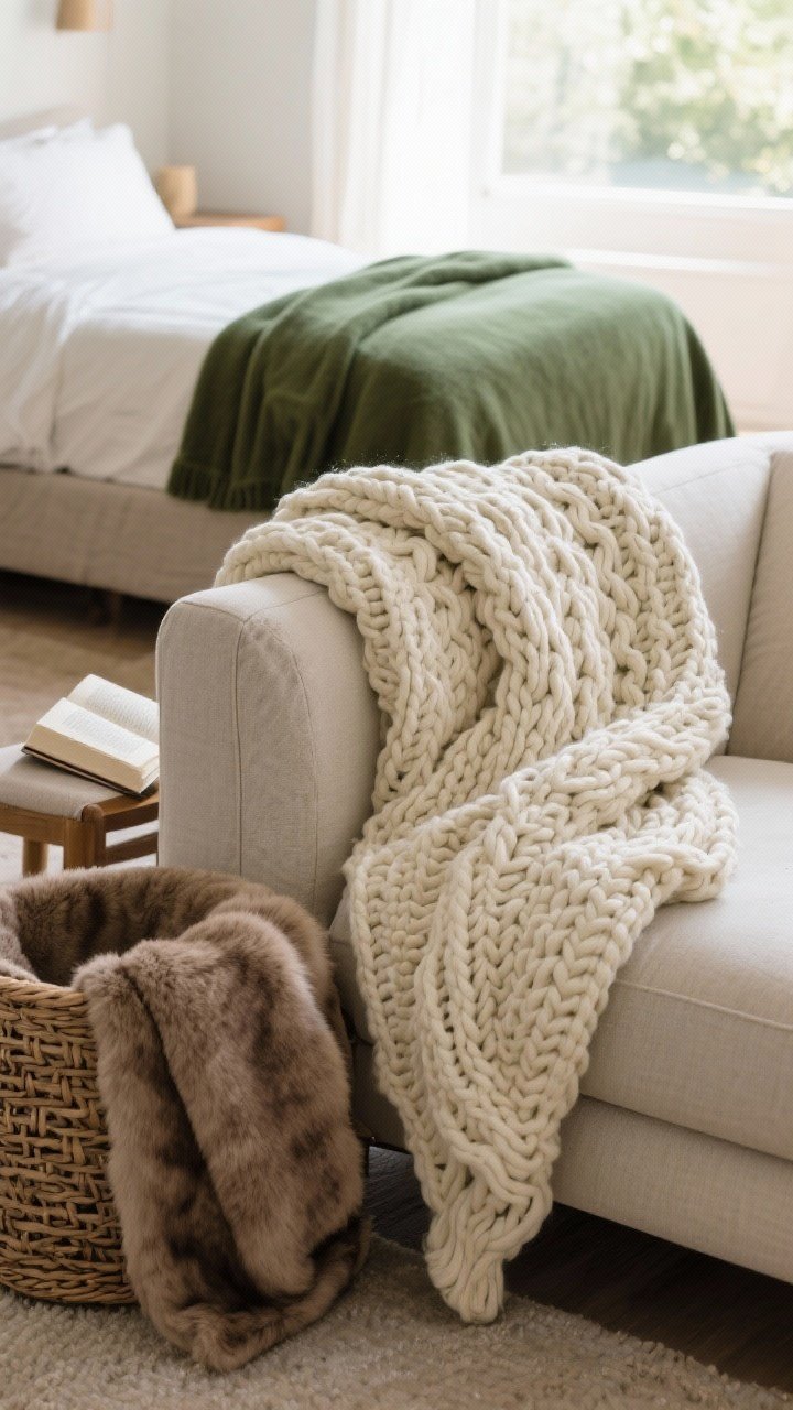 Detail closeup: a folded chunky cable-knit throw in cream draped over a sofa arm, with a contrasting faux fur throw in taupe rolled in a woven basket beside a reading chair. A cashmere-blend blanket in forest green sits at the foot of a bed in the background. Soft morning light highlights the fibers; focus on the texture contrast with a smooth linen sofa.