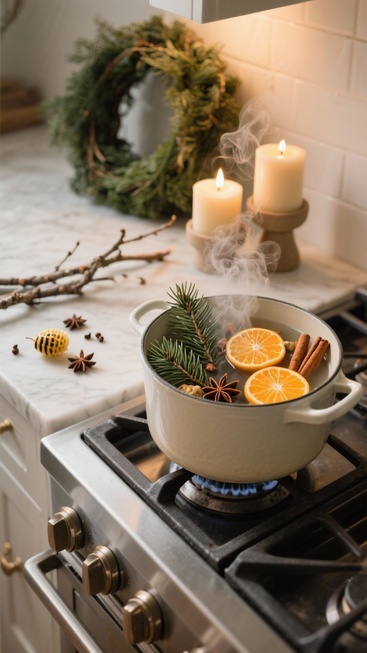 Detail closeup focused on nostalgic scents: a simmer pot on a stovetop with pine sprigs, orange slices, cinnamon sticks, cloves, and star anise; nearby beeswax and soy candles in simple holders; a fresh wreath and cut branches resting on a counter. Steam rising gently, warm ambient kitchen lighting, photorealistic texture and aroma cues.
