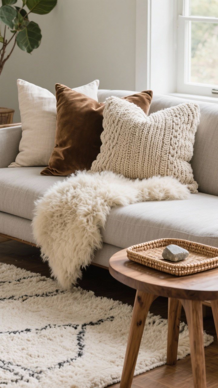Detail closeup: Layered textures on a sofa corner—linen pillow beside a velvet pillow and a chunky knit pillow, with a low-pile ecru rug underneath and a fluffy sheepskin layered on top; rattan tray on a wood side table, small stone accent; warm base tones (oat/greige) with mocha and forest accents; soft natural window light; photorealistic.