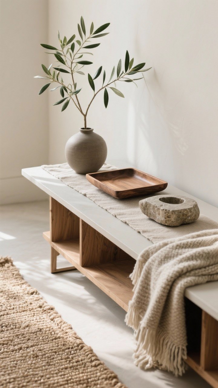 Detail closeup: Nature-inspired textures arranged on a low console—linen runner, wool throw folded over the edge, a wood tray, and a stone catch-all. Include a single sculptural plant (ZZ plant or slim olive branch in a matte ceramic vase) as the lone greenery accent. Hint of a flatweave or jute rug at the bottom edge to ground the scene. Soft morning light, overhead/angled top-down perspective, photorealistic, no people.