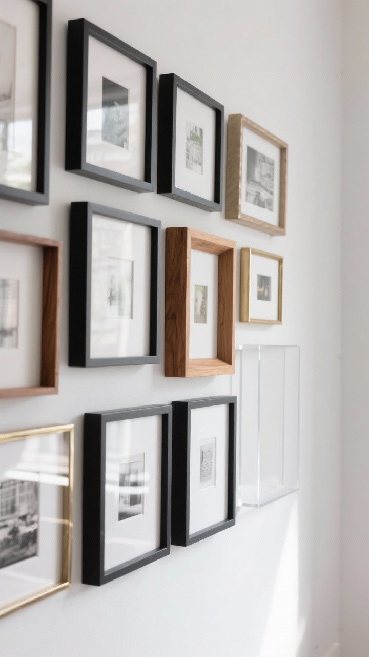 Detail closeup of a cluster of mixed frames on a white wall: mostly matte black frames with varied profiles as the repeating element, a few warm wood frames, and one subtle brushed brass accent frame; include crisp white mats standardizing mismatched prints, plus a floating acrylic frame adding airy lightness; soft daylight grazing the wall to highlight finishes; mood is curated and cohesive with 1–2 dominant frame colors and a metallic accent.