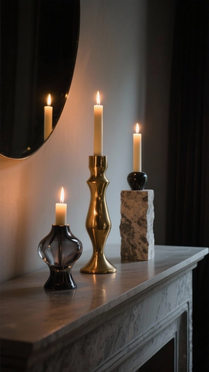 Detail closeup of an architectural candlelight vignette on a console: group of three sculptural candle holders in mixed materials—brass, smoked glass, and stone—supporting tapers and a single pillar at different heights; realistic flame glow casting soft reflections on the wall; evening ambient darkness with warm, unscented candles; angled side view for depth