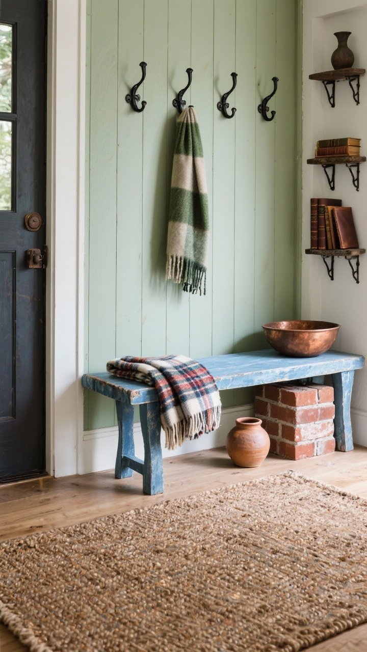 Detail closeup of an entryway bench scene: faded denim-painted bench with a folded plaid throw, spruce-colored wall hooks above holding a scarf, brick-toned rug underfoot; small brick pottery and leather-bound books on a side shelf; rustic metals—blackened iron hook hardware and aged copper bowl; soft, practical daylight.