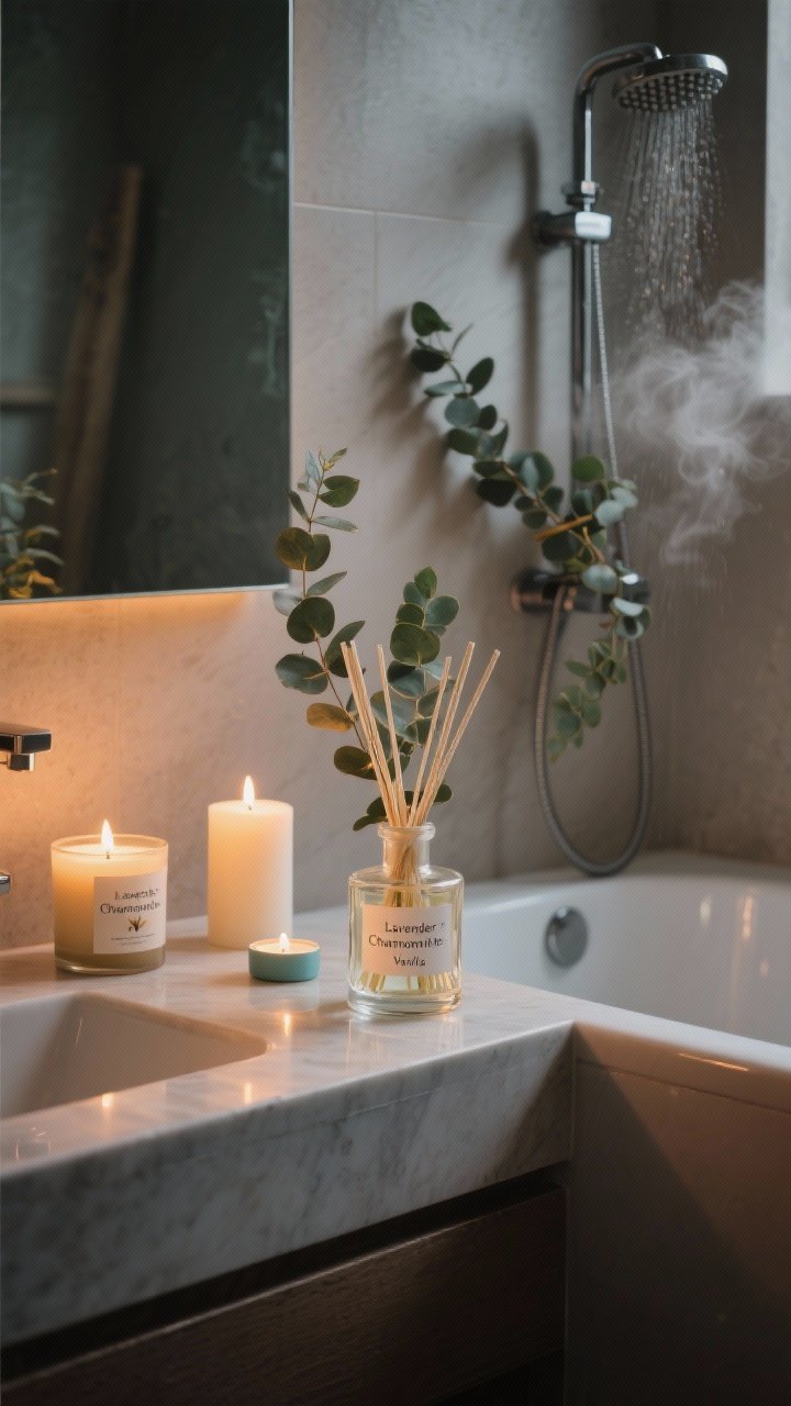 Detail closeup of aromatherapy vignette: a candle by a tub ledge casting a warm, moody glow, a minimalist glass reed diffuser on the sink counter, and several fresh eucalyptus sprigs tied to a shower head so steam can release their oils; fragrances implied by labels reading “Lavender + Chamomile + Vanilla”; candles at varied heights (tealight and small pillar) for layered ambiance; clean, neutral surfaces with soft reflections; warm, dim light with gentle steam in the background; photorealistic, no people.