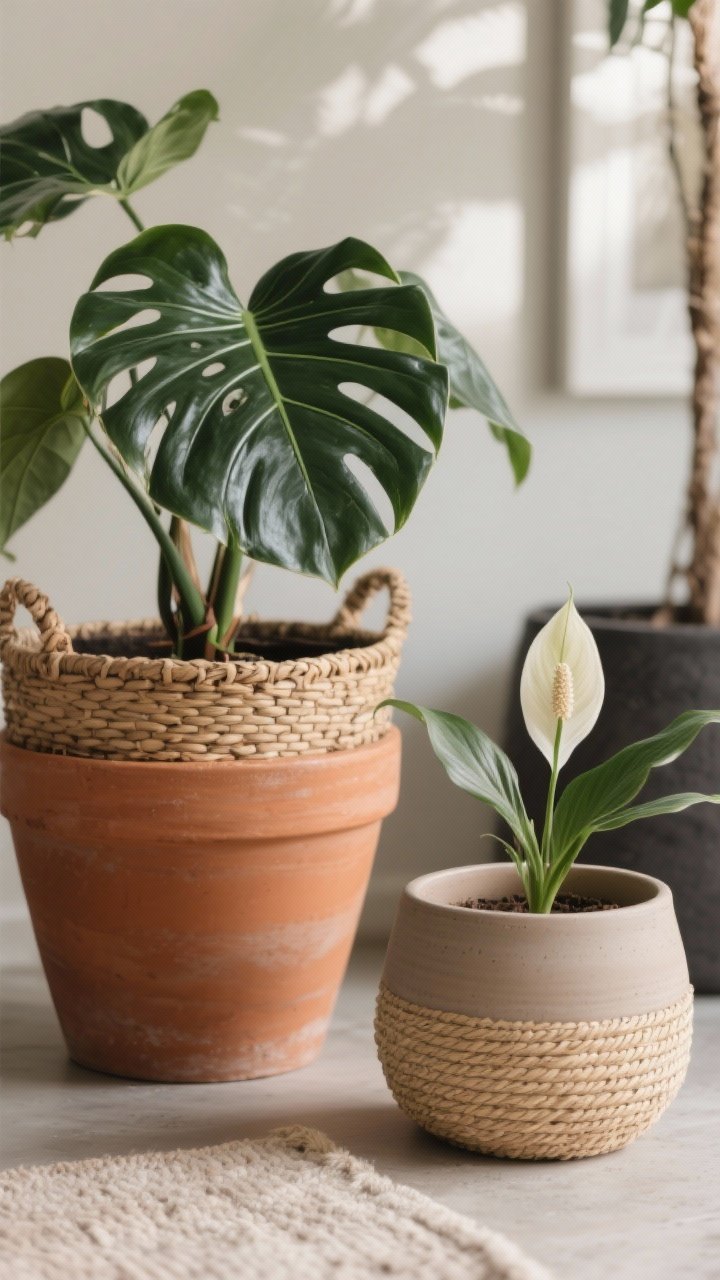 Detail closeup of cozy container textures and neutrals: warm terracotta pot holding a fiddle leaf fig, a woven basket with a rubber plant tucked in a nursery pot liner, and a matte ceramic pot cradling a peace lily; tactile glazes and fibers in sand, oat, and charcoal tones with one subtle accent tone, soft natural light raking across surfaces to emphasize texture, plants sharply in focus, shallow depth of field, photorealistic.
