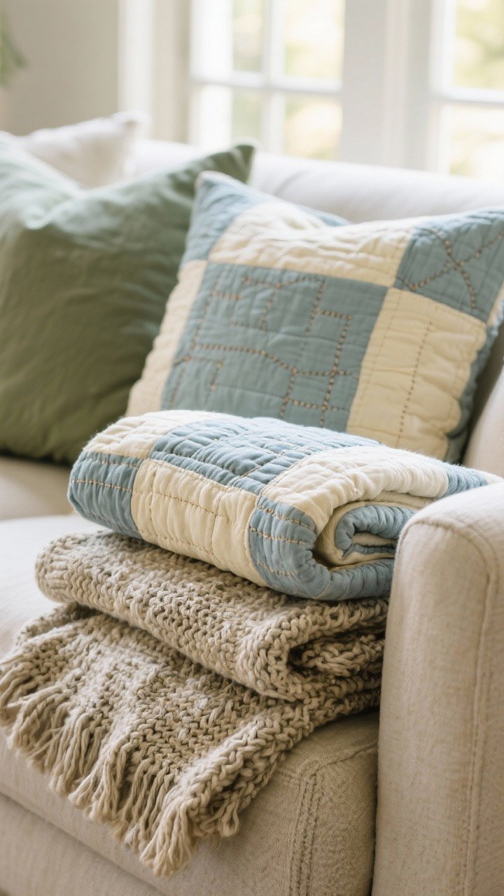 Detail closeup of layered cozy textiles on a sofa arm: a hand-stitched quilt in muted dusty blues and buttercream folded neatly, a chunky knit throw draped casually over the corner, and a nubby weave throw stacked beneath; textures clearly visible; color repeats that echo sage from nearby pillows; soft afternoon window light enhancing fabric depth