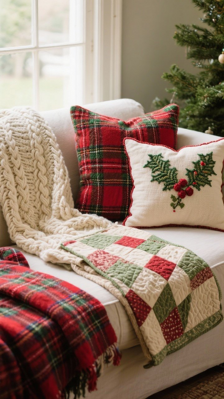 Detail closeup of layered textiles on a sofa: a cable-knit cream throw, tartan plaid blanket in red and green, a needlepoint pillow featuring holly, and a folded vintage quilt used as a tree skirt nearby. Focus on texture and pattern scale mixing, with repeated red and green hues. Soft natural window light highlighting fabric weave.