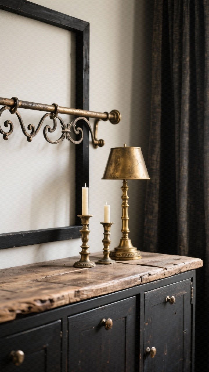 Detail closeup of mixed metals in a rustic-modern scene: wrought iron curtain rod and cabinet handles, antique brass table lamp and candlesticks on a reclaimed wood surface, matte black frame edge visible in the background; neutral surroundings to keep focus on metal finishes; soft, directional light highlighting texture and patina; restrained palette to emphasize brass + black cohesion.