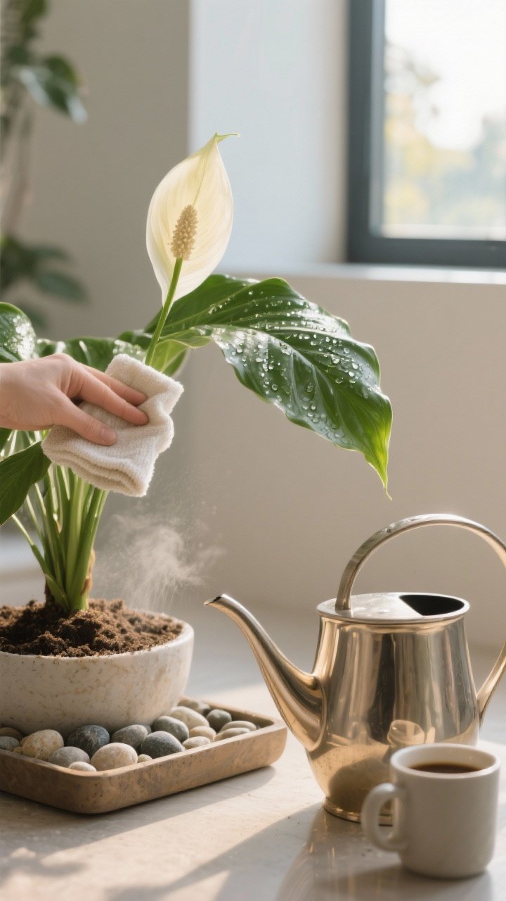 Detail closeup of rituals and care: an elegant, sculptural watering can on display beside a pebble-filled humidity tray under a peace lily; leaf being wiped clean with a soft cloth, visible dew from a light misting, east-facing window glow suggesting bright indirect light, top inch of soil slightly dry, warm morning ambiance with a coffee mug nearby, photorealistic.