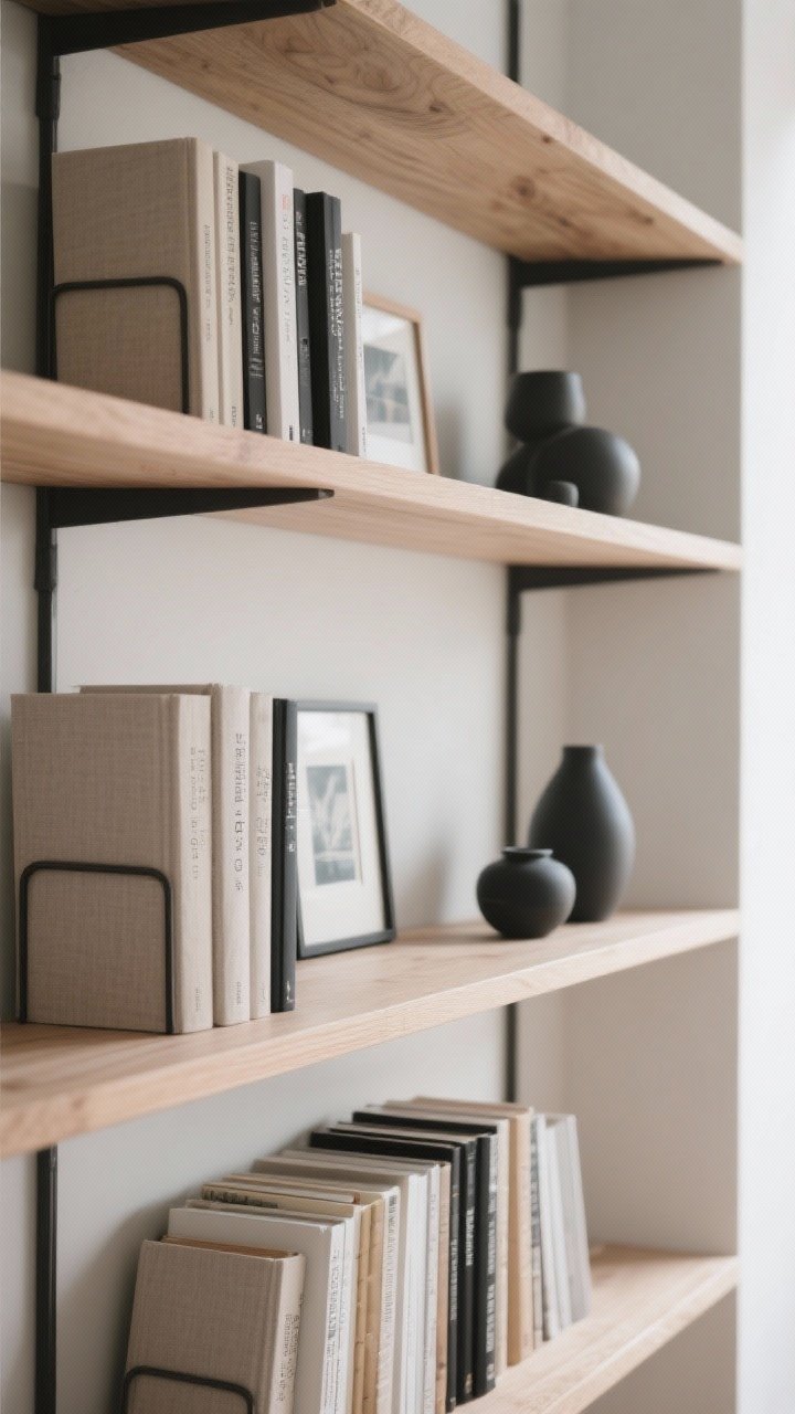 Detail closeup of Scandi-styled shelves following the 60–30–10 rule: mostly books grouped by height with muted spines, a few matte ceramic objects and small framed art pieces, and intentional negative space; grouped in threes, varied heights, and repeated materials—oak shelf boards, linen-textured book covers, and matte black accents; soft daylight from the side to emphasize airy, balanced curation.
