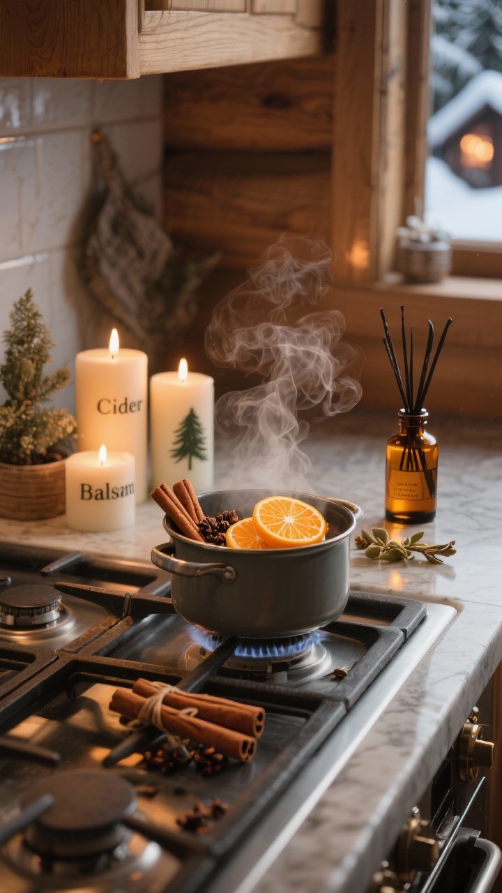 Detail closeup of scent elements on a kitchen stove and counter: a simmer pot with orange slices, cinnamon sticks, and whole cloves steaming gently; nearby, candles labeled cedar, fir, and balsam; an oil diffuser with amber bottle of vanilla bean and cardamom blend; warm evening lighting and subtle reflected glow for a winter chalet vibe.