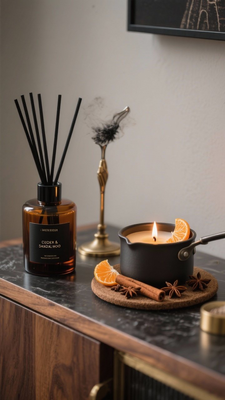 Detail closeup on a console: A curated winter scent story—matte black reed diffuser labeled with notes of cedar and sandalwood, an amber glass candle with vanilla-chai scent lit beside a smoked-tonka candle snuffer, and a small stovetop pot on a trivet holding orange peels, cloves, star anise, and a cinnamon stick. Muted, moody lighting with gentle glow from the candle, cohesive warm wood and brass accents, photorealistic.