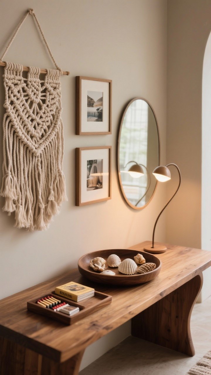 Detail closeup: Personalize with soft art and memory layers—textile wall hanging (macramé) beside framed printed photos in cohesive frames; a small round travel tray with collected shells and matchbooks on a wood console; curved silhouettes via an arched lamp and round mirror; cohesive earthy modern palette, warm ambient glow, photorealistic.