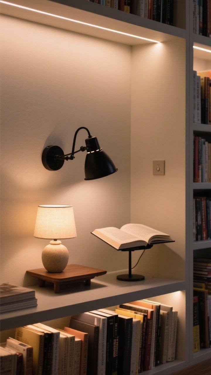 Detail/medium lighting vignette: layered lighting for a reading nook with a matte black adjustable swing-arm wall sconce aimed at an open book (task light), a soft-glow ceramic table lamp providing ambient light on a nearby side table, and a subtle LED strip under the lowest bookshelf for accent glow—overall color temperature 2700K–3000K, with a visible dimmer switch on the wall. Warm, bookstore-at-dusk mood, no overhead glare, photorealistic, straight-on view.