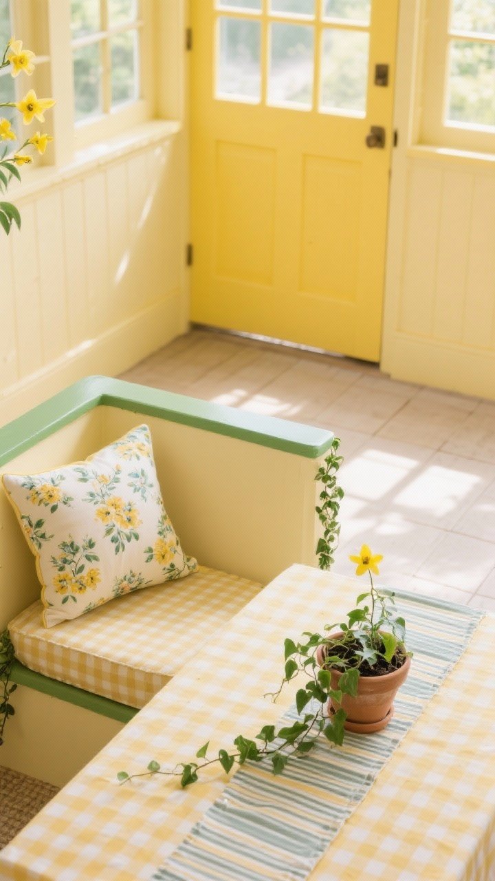 Detail overhead shot of a sunroom vignette: cornsilk-painted surface with ivy green trim edge visible, a daffodil yellow door in background blur; gingham tablecloth corner, floral cushion, striped runner sample; small potted climbing ivy echoing the palette; bright, cheerful sunlight with one neutral floor element.