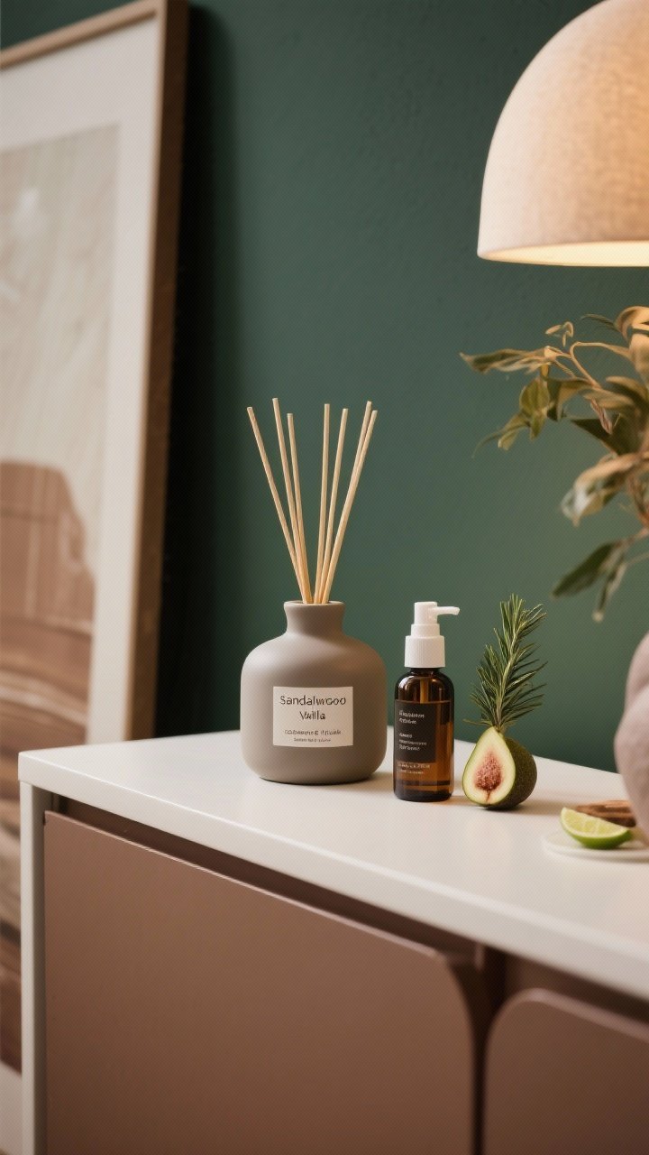 Detail shot of a console styled with seasonal scent elements: a matte ceramic diffuser labeled sandalwood, vanilla, and cashmere musk for bedroom vibes; a reed diffuser marked cedar, amber, and black pepper for living room; a small spray bottle for kitchen with rosemary, bergamot, and fig; minimal palette of deep green, soft brown, and matte white; warm, cozy lighting.