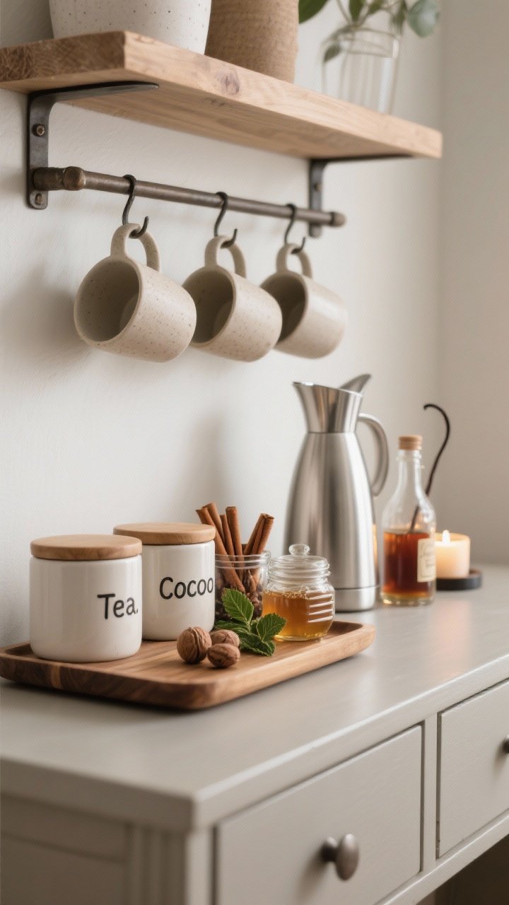Detail shot of a hot beverage command center on a console: A wooden tray anchors ceramic canisters labeled tea, cocoa, and coffee; stoneware mugs hang from a small rack; a stainless-steel thermal carafe stands ready; small jars hold cinnamon sticks, nutmeg, peppermint, honey, and a glass bottle of vanilla syrup; a tiny lamp or candle adds cozy ambient glow; clean, intentional styling, photorealistic.