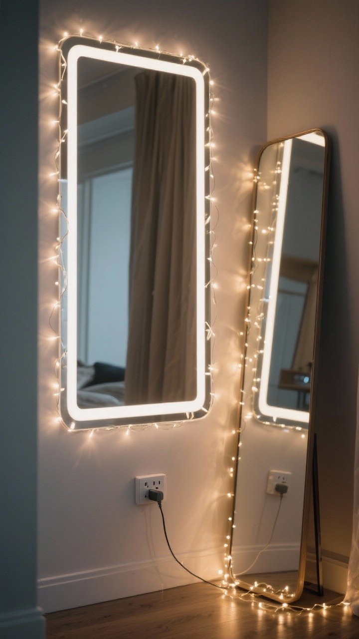 Detail shot of a large rectangular wall mirror with fairy lights: warm white wraparound strand softly framing the mirror for vanity-style glow, with a second backlit strand tucked behind the edges to create a floating halo; a floor mirror nearby with a casual drape of lights along the base adds glam; reflections bouncing light around a dim room; plug connected to a smart plug on the wall; modern, minimal styling, clean lines, photorealistic.