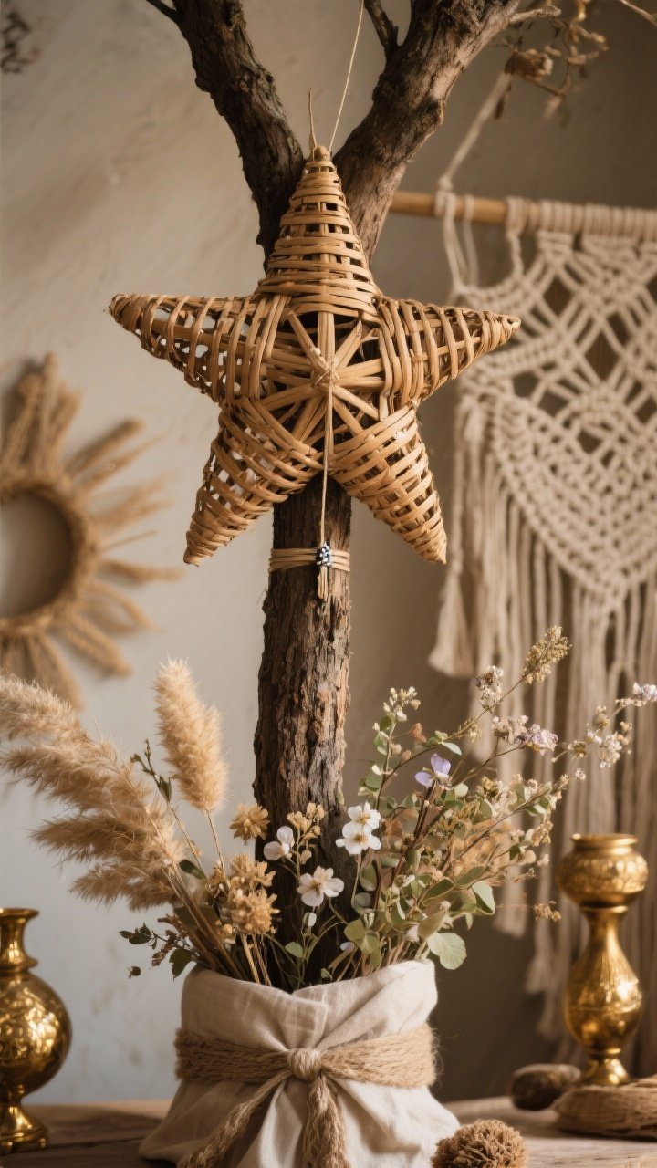 Detail shot of a unique, collected-feel tree topper: a woven rattan star secured to the central trunk with a discreet zip-tie, base artfully covered by linen ribbon and small dried florals (pampas, lunaria, ruscus); alternative textures nearby hint at a macramé burst; antique gold accents on nearby ornaments; warm, low-intensity lighting; photographed from slightly below to hero the topper’s texture and craftsmanship.