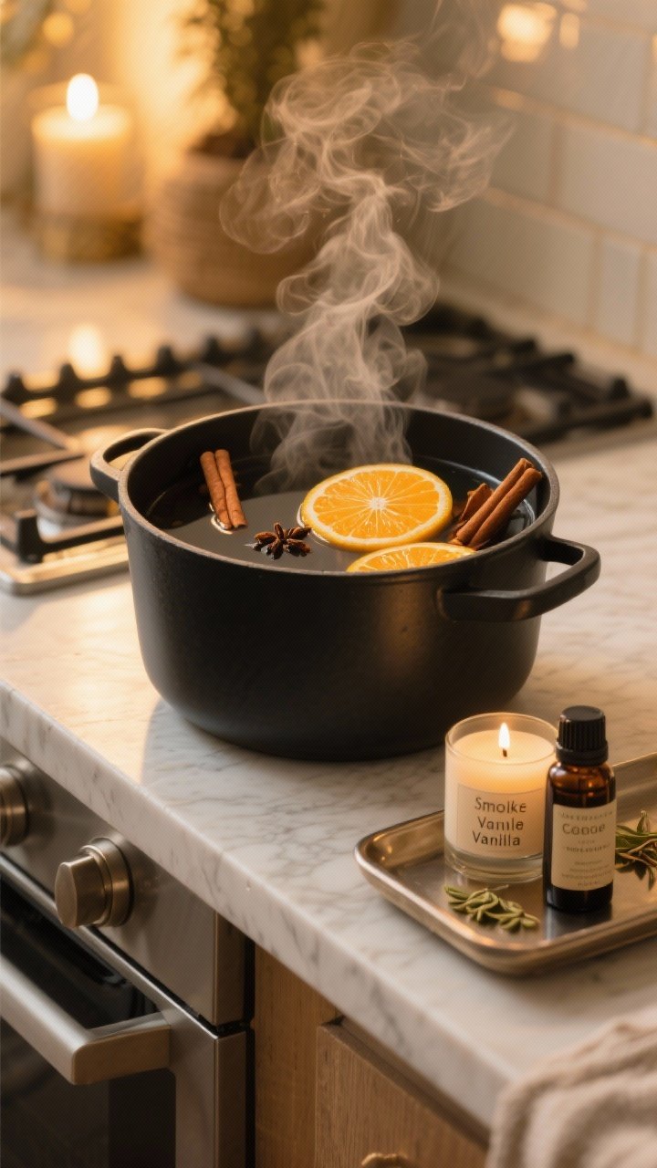 Detail shot of a winter scent-scape on a kitchen range or countertop: a simmer pot in a matte black saucepan with orange slices, cinnamon sticks, and cloves visible in gently steaming water; nearby, a candle labeled smoked vanilla and a small bottle of essential oils (cedar and cardamom) on a tray; warm, cozy steam and golden light, photorealistic.