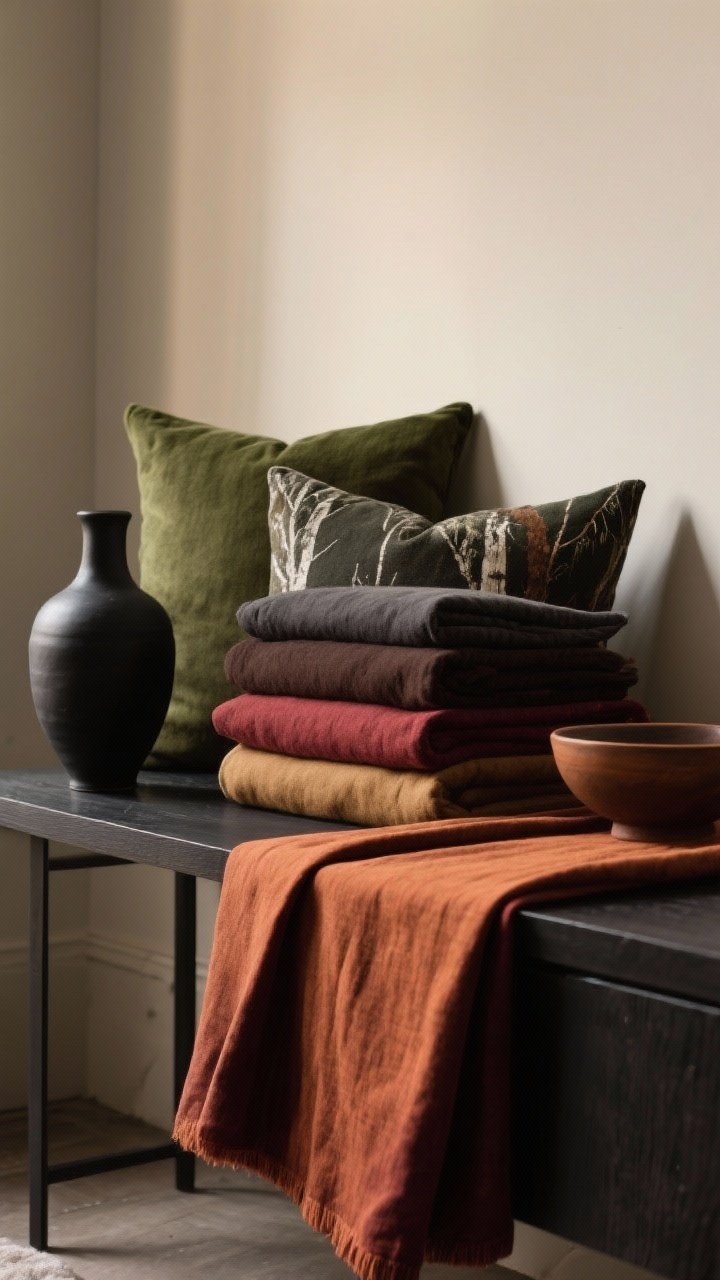 Detail shot of earthy, moody winter colors styled on a console: pillow covers and textiles in woodland and fireside palettes—forest green, charcoal, espresso, rust, camel, burgundy—stacked neatly; a dark linen table runner partially unrolled; terra-cotta and matte black accents (vase and bowl); soft, warm lighting against a neutral wall, focus on hues and textures