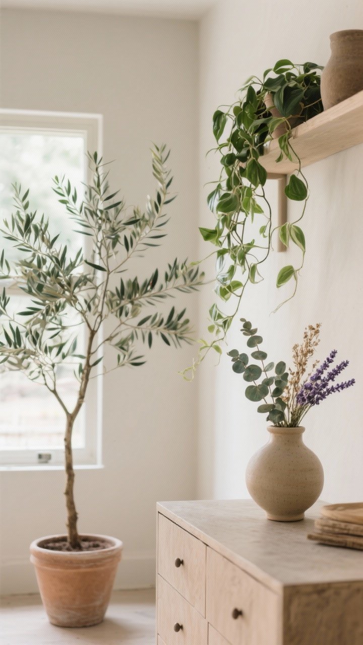 Detail shot of nature brought indoors with low-maintenance greens: an airy olive tree in a simple clay pot beside a window, trailing pothos draping from a shelf, and a ceramic vase with dried eucalyptus and lavender on a dresser; gentle natural light, muted colors, minimal clutter; photorealistic, no people.