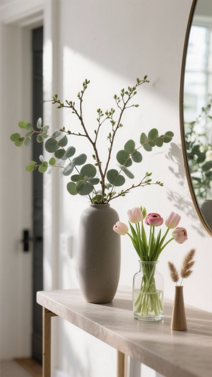 Detail shot of simple florals and fresh greens styled casually: a tall matte ceramic vessel with eucalyptus and budding branches on a console, next to a short, low glass vase holding loosely arranged ranunculus and tulips trimmed short; include a small cluster of dried bunny tails in a narrow bud vase for added texture; set on an entry table near a mirror, with soft morning light highlighting the organic silhouettes; clean background, one arrangement visible per “zone,” natural shadows, no people
