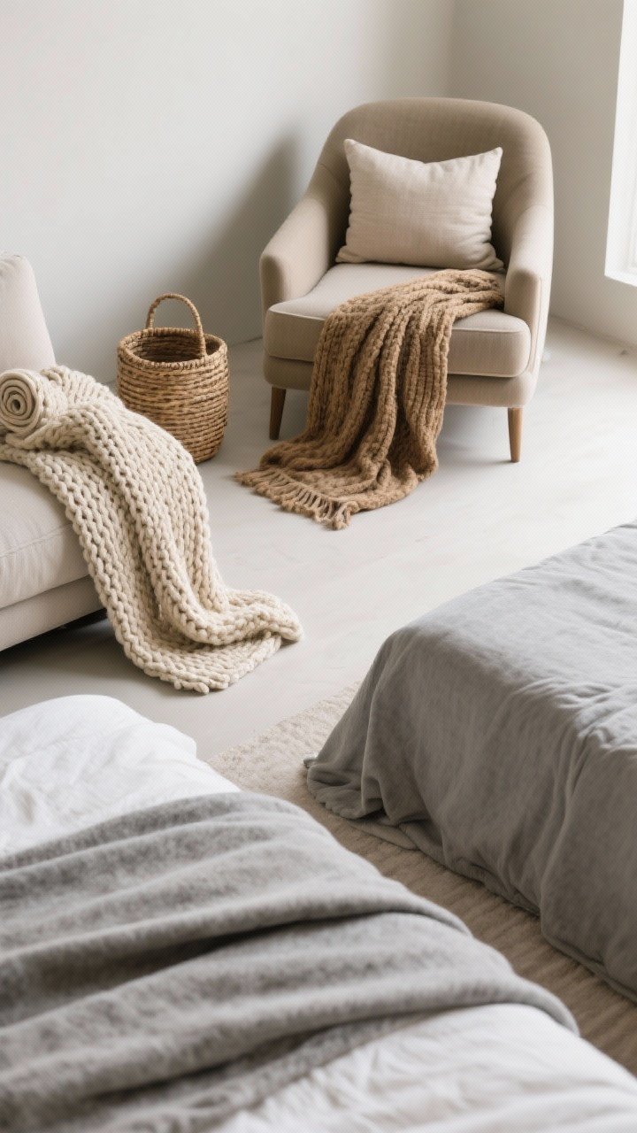 Detail shot, overhead and edge-on mix: Blanket placement techniques on a sofa and bed—diagonal sofa drape where a chunky knit in oatmeal spills from the back corner to the front; at the foot of a bed, a blanket in soft gray folded in thirds with edges lightly scrunched for softness; a woven basket by the sofa holds a rolled chunky throw in camel; an armchair shows a cascade from seat to floor anchored by a single pillow; ample negative space around each setup under gentle natural lighting.