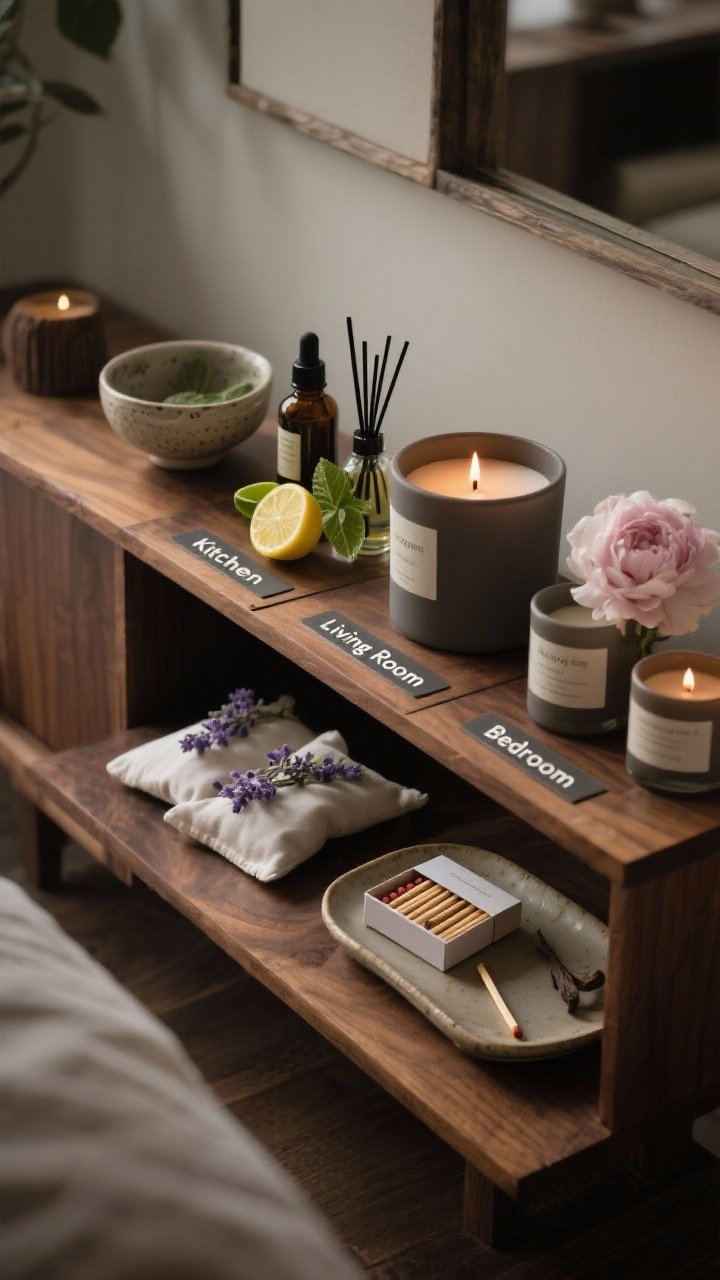 Detail shot, overhead perspective: A scentscaping vignette divided into zones on a wooden console—three labeled groupings: “Kitchen” with lemon, bergamot, and mint oils near a ceramic bowl; “Living Room” with cedar, sandalwood, and peony candles in matte vessels; “Bedroom” with lavender, vanilla, and palo santo near linen sachets; a small box of wooden matches with one freshly struck match resting on a ceramic tray; soft, moody lighting suggesting different room moods