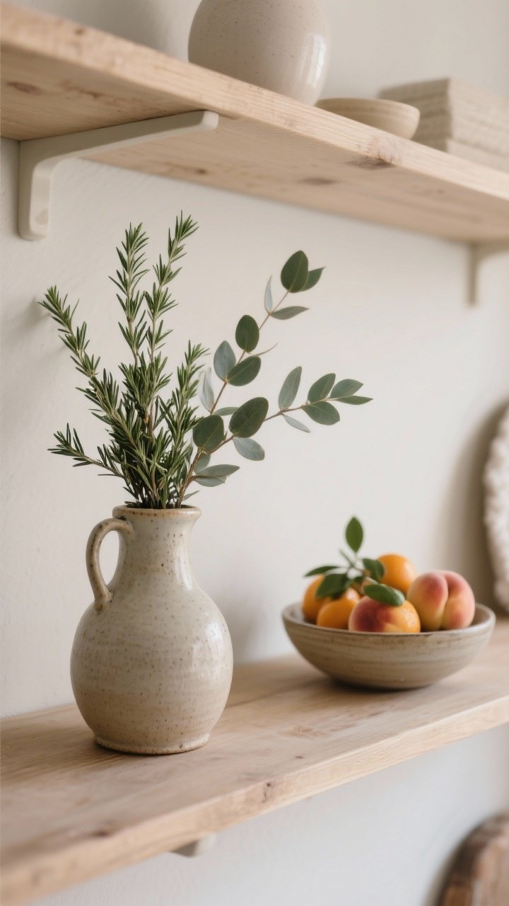 Detail shot, side angle: Greenery and seasonal touches on open shelves—a potted rosemary plant in a ceramic crock, a stoneware jug holding a few olive or eucalyptus branches for height, and a shallow bowl filled with seasonal fruit (e.g., winter citrus or summer peaches). One living element per shelf, subtle and restrained. Neutral ceramics, natural wood shelf, gentle daylight, photorealistic.