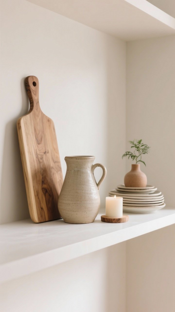 Detail shot, slightly elevated angle: A styled trio composition on an open shelf—one tall element (a leaning wood cutting board), one medium (a ceramic pitcher), one low (a small candle or bud vase). Include stacked plates, a tiny plant perched on top of a short stack, and intentional negative space around the grouping. Emphasize varying heights and odd-number balance. Neutral palette with warm whites and natural wood, gentle daylight, photorealistic.