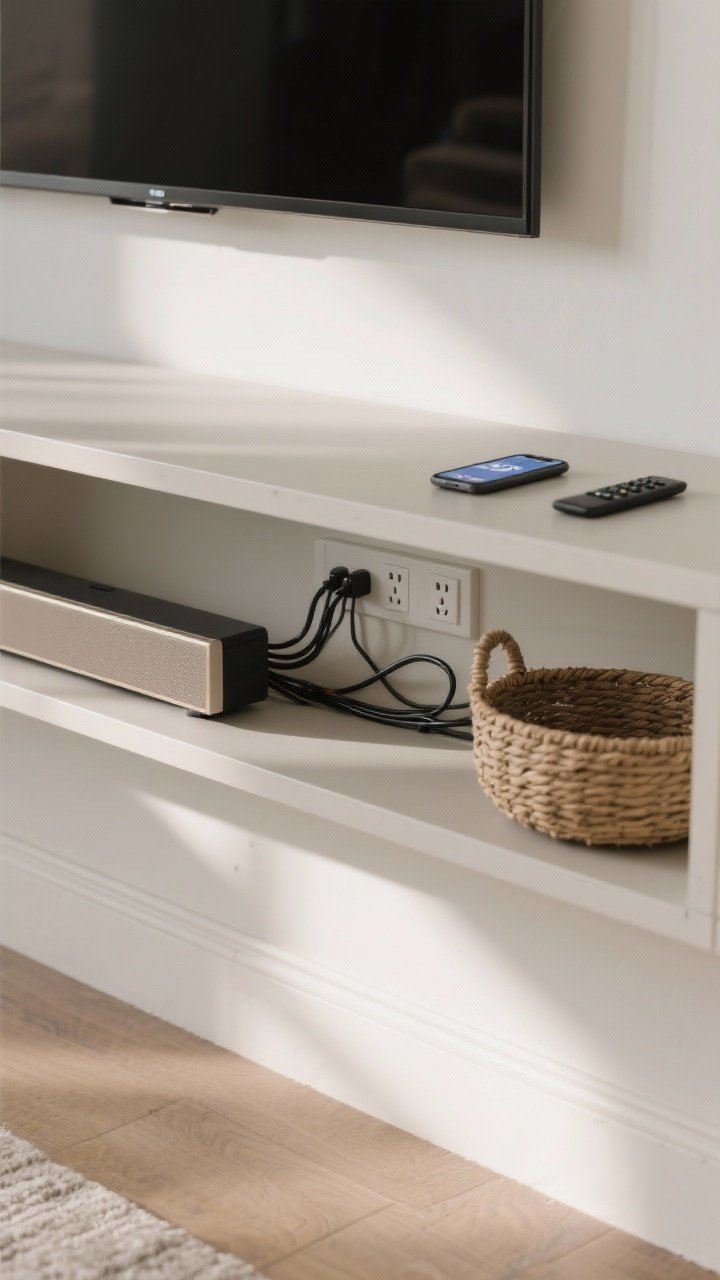 Detail shot under console: Tamed tech and cords—painted-to-match wall cable raceway hiding TV wires, a single power strip concealed inside a woven basket, a slim neutral-finish soundbar beneath the screen, and remotes replaced by a phone app; clean lines and soft shadows, photorealistic.