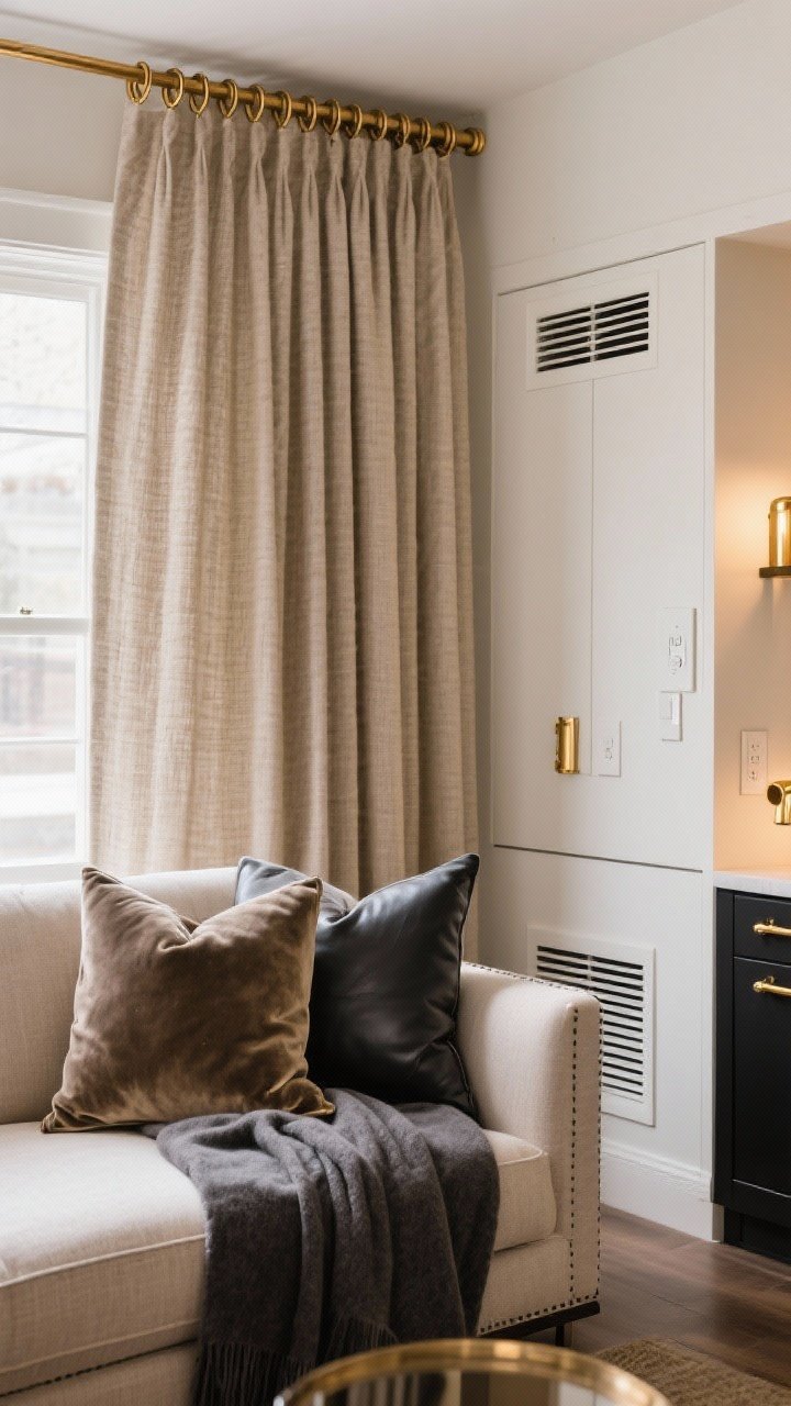 Detail-to-medium shot of upgrade touches: floor-to-ceiling curtains hung high and wide in thick textured oatmeal fabric on warm brass rod and rings; sofa styled with linen, velvet, and leather pillow covers with plush inserts; an oversized throw in soft charcoal draped casually; nearby cabinetry shows modern brass bar pulls and fresh white switch plates and clean vent covers; metals limited to black and warm brass for a collected, luxe feel; warm ambient lighting.