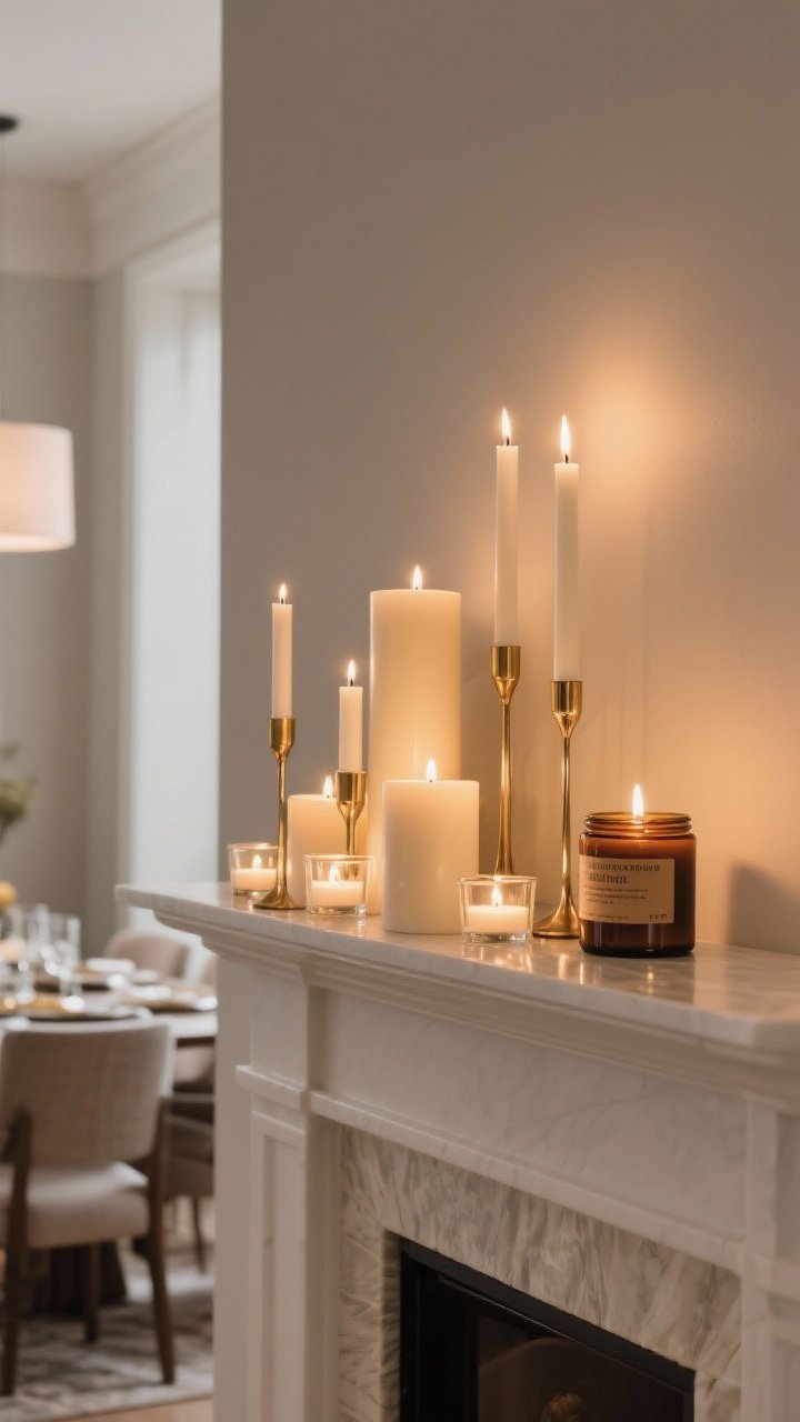 Detail vignette of a candle cluster on a mantel: mix of pillar candles, slim brass-held tapers, and low votives at varied heights; include an unscented pillar grouping near a set dining place and a labeled jar candle for the living room in smoked cedar or bourbon vanilla; warm layered candle glow against a matte wall, with soft reflections; photorealistic, no people.