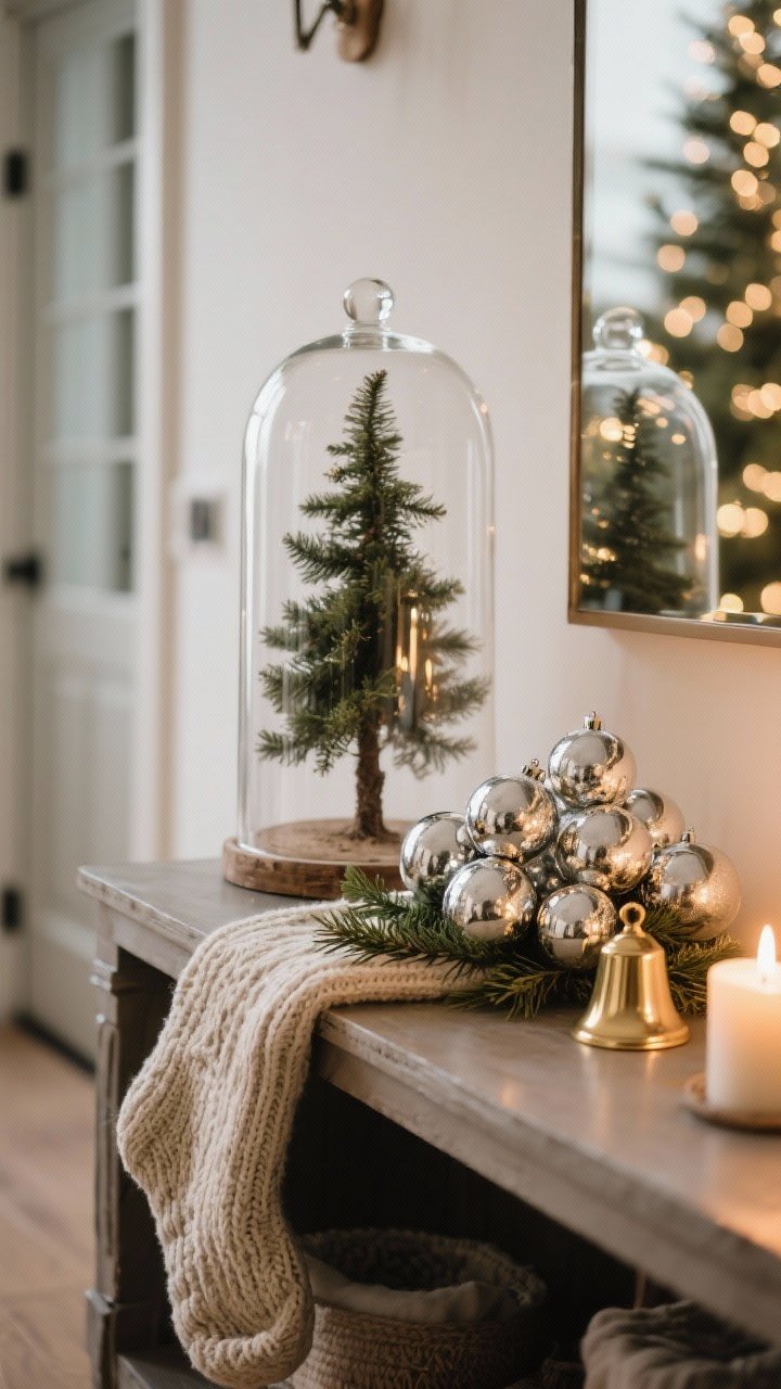 Detail vignette of a cozy corner on an entry console: a tall glass cloche covering a tiny tree, a knit stocking draped over the edge for texture, and a cluster of shiny mercury glass ornaments with a brass bell. Add a small sprig of greenery. Closeup composition, candlelit warmth, bokeh from distant tree lights.