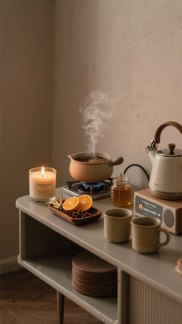 Detail vignette of a serenity ritual setup on a small console: a sandalwood and vanilla candle just lit, a ceramic diffuser emitting faint mist, a stovetop-style simmer pot ingredients tray with orange slices and cloves nearby, and a small speaker showing a low-volume “fireplace crackle” playlist. Include a minimal tea station: electric kettle, honey jar, and two ceramic mugs. Soft, dimmed lighting and warm tones suggesting calm, no people.
