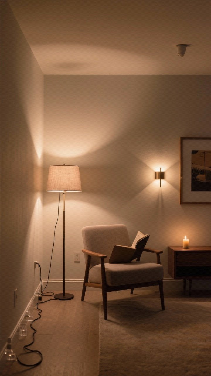 Evening ambiance wide shot: A layered minimalist lighting scheme—ambient light from a floor lamp with a fabric shade, task lighting via a focused lamp by a reading chair, and accent lighting from a picture light over art plus a small table lamp or candle. Warm bulbs around 2700K–3000K cast a soft glow; lamp cords run neatly along baseboards secured with clear clips. Neutral room with balanced pools of light, zero harsh overhead glare, cozy and composed.
